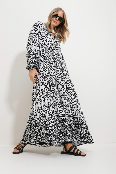 Women's Black Mandarin Collar Shawl Pattern Maxi Dress - 4