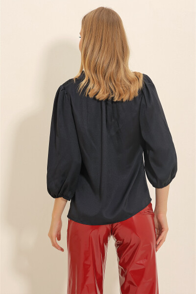 Women's Black Mandarin Collar Shoulder Padded Puff Sleeve Button Detail Satin Blouse ALC-X11337 - 5