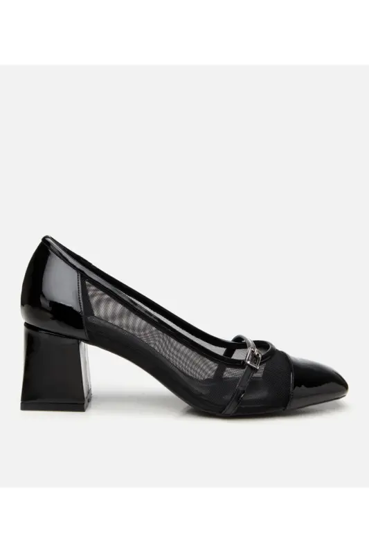 Women's Black Mary Jane Chunky Heel with See-Through Detail - 1