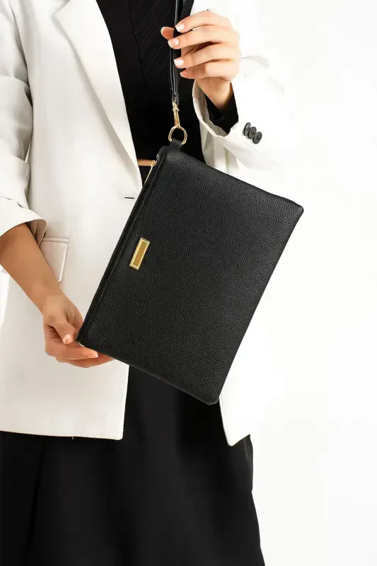 Women's Black Metal Accented Handbag Portfolio Clutch - BAGFONI