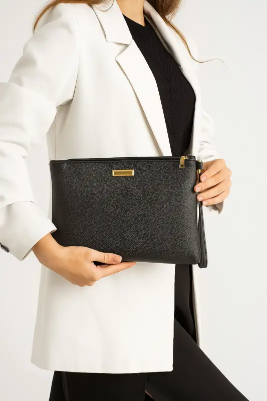 Women's Black Metal Accented Handbag Portfolio Clutch - 2