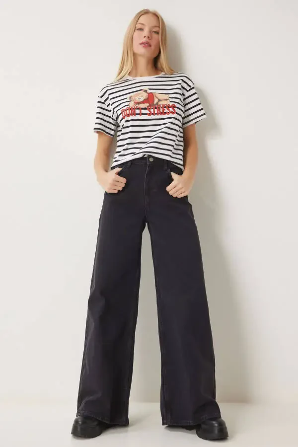 Women's Black Mid Waist Wide Leg Jeans FN03413 - 1