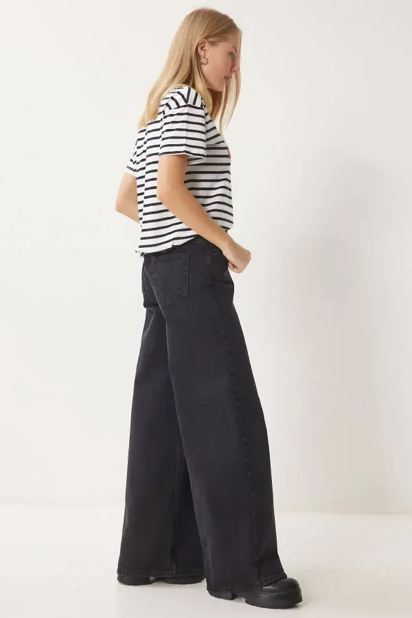 Women's Black Mid Waist Wide Leg Jeans FN03413 - 2
