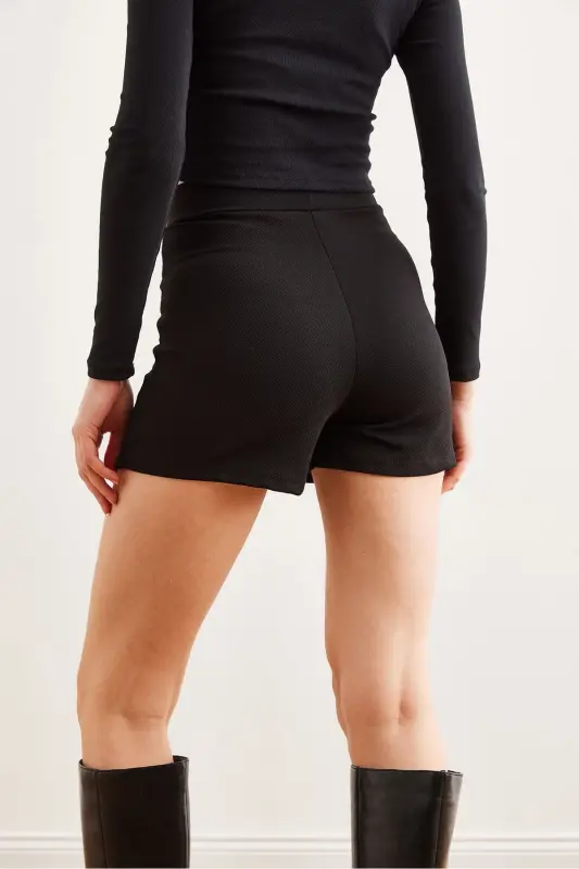 Women's Black Mini Slit Flexible Short Skirt ETK-190 - 5