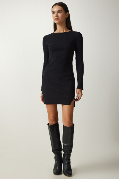 Women's Black Mini Slit Ribbed Knit Dress UB00211 - 2