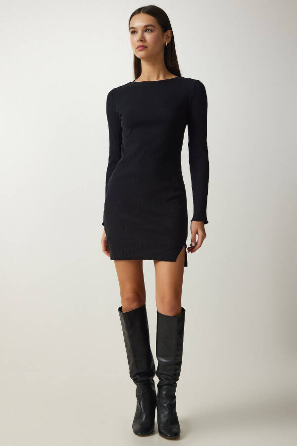 Women's Black Mini Slit Ribbed Knit Dress UB00211 - 2
