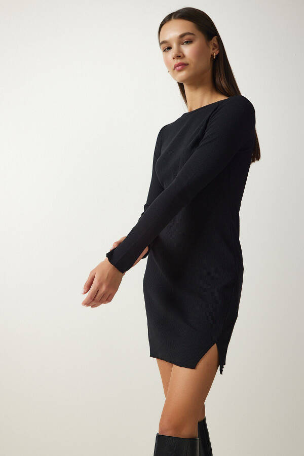 Women's Black Mini Slit Ribbed Knit Dress UB00211 - 3