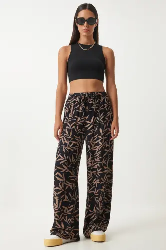 Women's Black Mink Patterned Flowy Viscose Palazzo Pants EN00606-Black Mink 