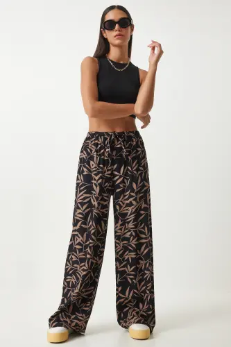 Women's Black Mink Patterned Flowy Viscose Palazzo Pants EN00606-Black Mink - HAPPINESS İSTANBUL (1)