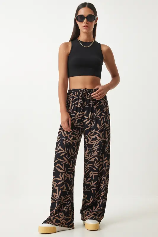 Women's Black Mink Patterned Flowy Viscose Palazzo Pants EN00606-Black Mink - 3