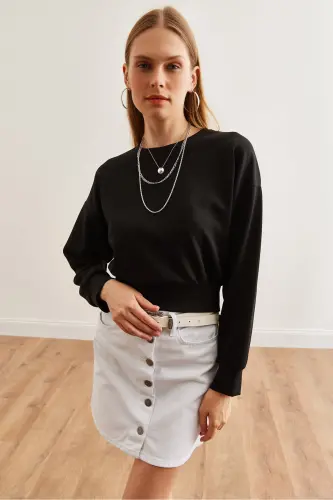 Women's Black Modal Buttoned Crop Sweatshirt SWT-19000653-Black - 3