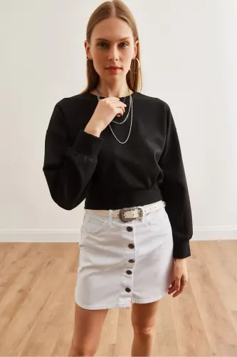 Women's Black Modal Buttoned Crop Sweatshirt SWT-19000653-Black - 4
