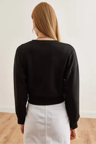 Women's Black Modal Buttoned Crop Sweatshirt SWT-19000653-Black - 6