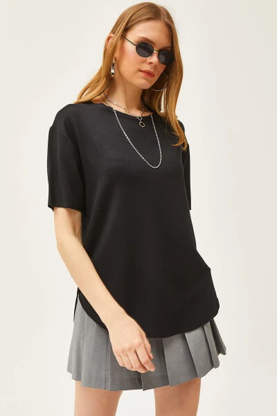 Women's Black Modal Buttoned Soft Textured Six Oval T-shirt TSH-19000771 - OLALOOK