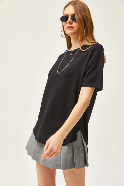 Women's Black Modal Buttoned Soft Textured Six Oval T-shirt TSH-19000771 - OLALOOK (1)