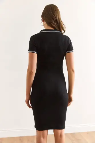 Women's Black N Embroidered Polo Neck Stretch Cotton Dress - 7