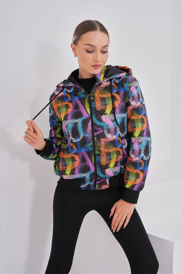 Women's Black Neon Patterned Hooded Jacket with Water and Wind Resistant Features, Special Design - 1