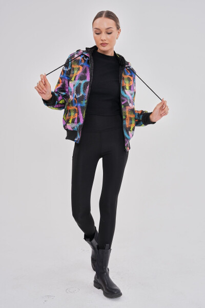 Women's Black Neon Patterned Hooded Jacket with Water and Wind Resistant Features, Special Design - 2