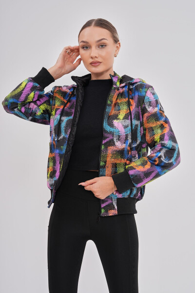 Women's Black Neon Patterned Hooded Jacket with Water and Wind Resistant Features, Special Design - 3