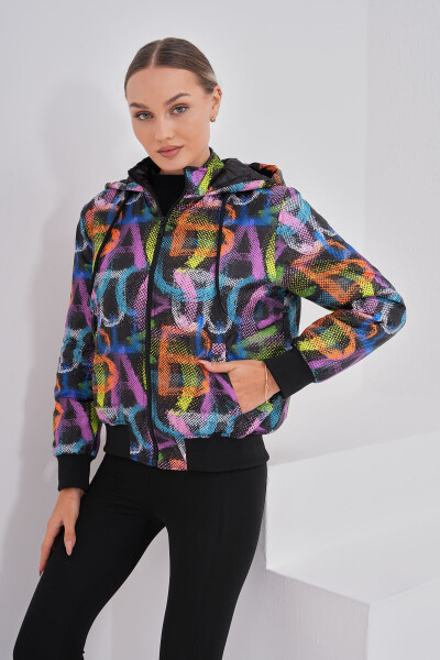 Women's Black Neon Patterned Hooded Jacket with Water and Wind Resistant Features, Special Design - 4