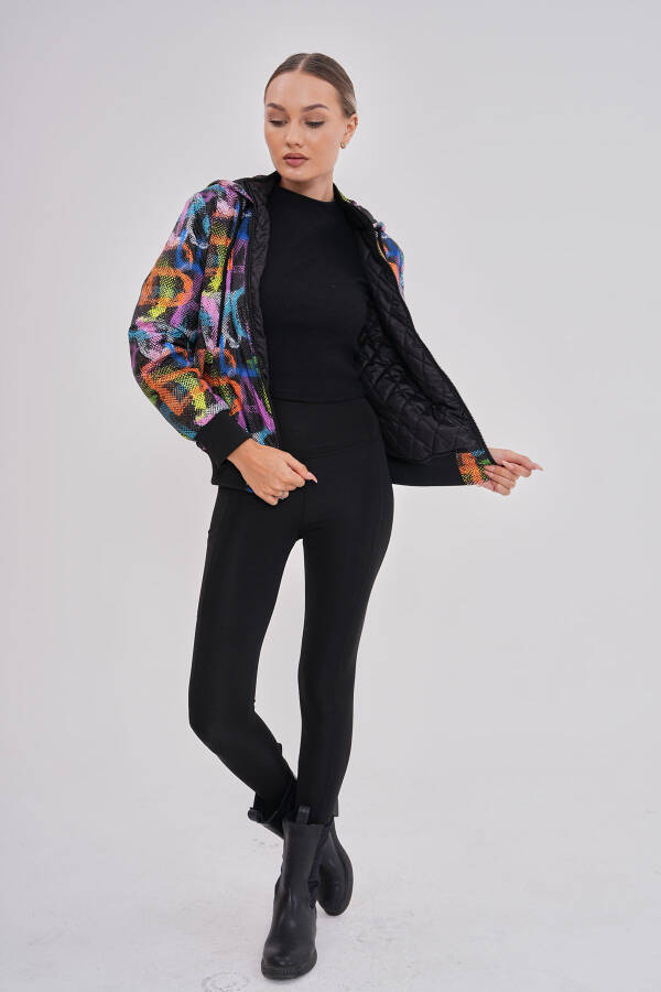 Women's Black Neon Patterned Hooded Jacket with Water and Wind Resistant Features, Special Design - 5