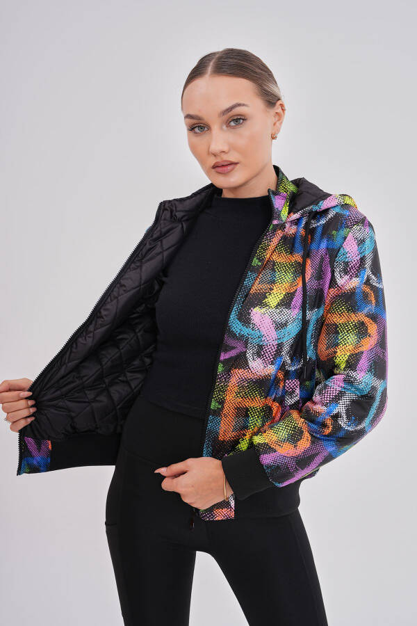 Women's Black Neon Patterned Hooded Jacket with Water and Wind Resistant Features, Special Design - 6