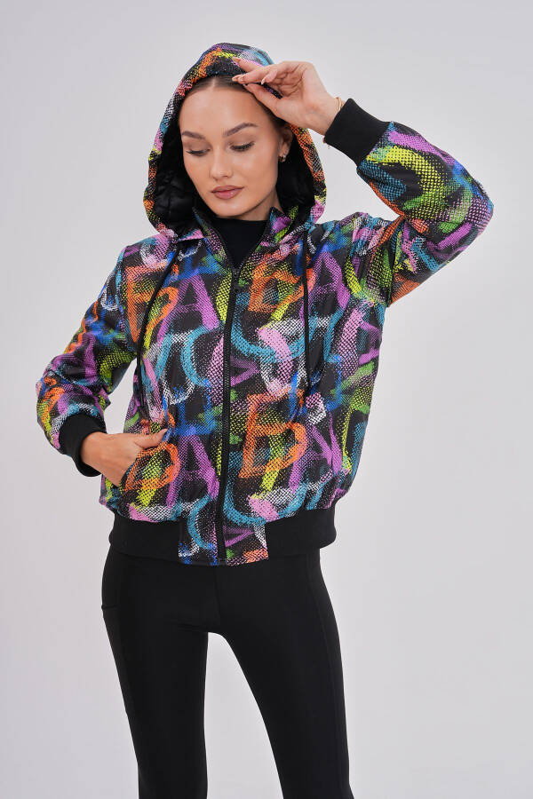 Women's Black Neon Patterned Hooded Jacket with Water and Wind Resistant Features, Special Design - 7