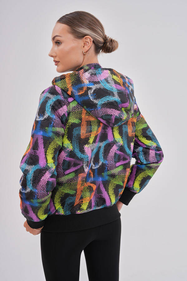 Women's Black Neon Patterned Hooded Jacket with Water and Wind Resistant Features, Special Design - 8