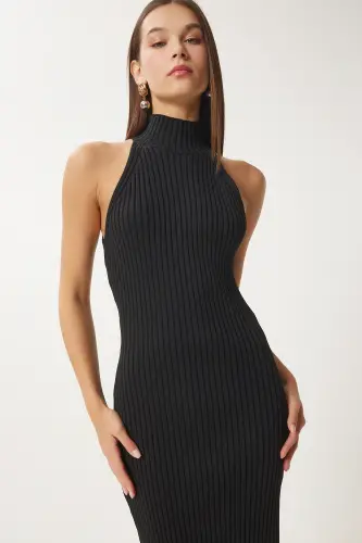 Women's Black Off-Shoulder Fitted Ribbed Knitted Dress FN03424-Black - 4