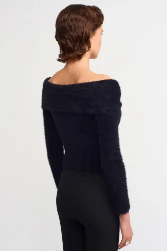 Women's Black Off Shoulder Stretchy Shawl Collar Soft Touch Chic Casual Knitted Sweater-Black - DILVIN (1)