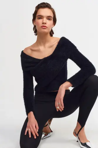 Women's Black Off Shoulder Stretchy Shawl Collar Soft Touch Chic Casual Knitted Sweater-Black - 3