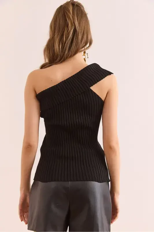Women's Black One Shoulder Detailed Ribbed Knit Blouse BL - 2