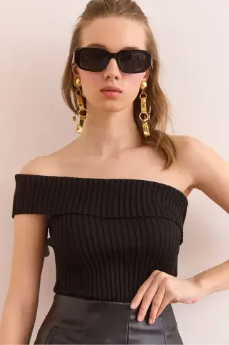 Women's Black One Shoulder Detailed Ribbed Knit Blouse BL - 9