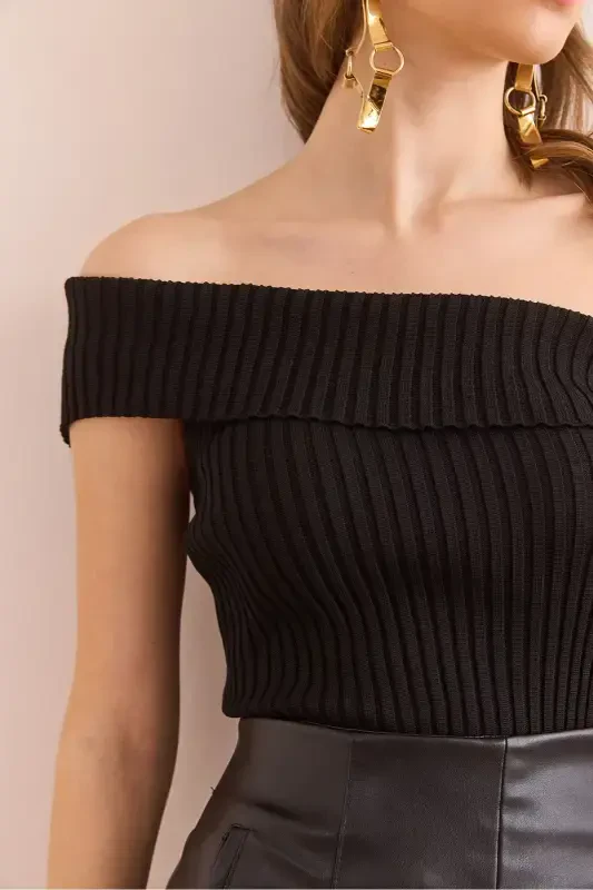 Women's Black One Shoulder Detailed Ribbed Knit Blouse BL - 6