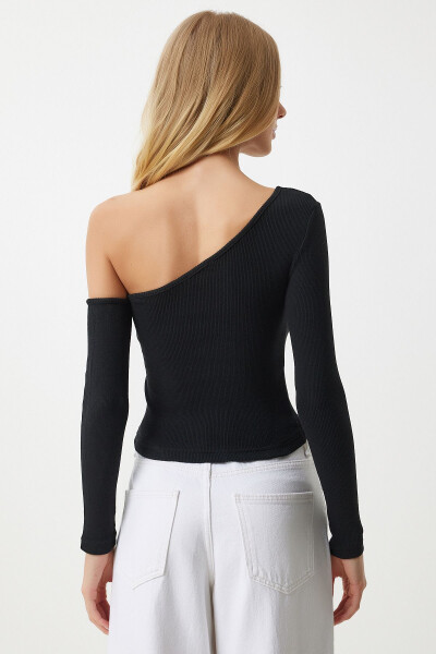 Women's Black Open Shoulder Ribbed Knitted Blouse TG00011 - 5