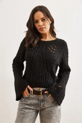 Women's Black Openwork Soft Textured Spanish Sleeve Sweater KZK-19000938-Black - 5