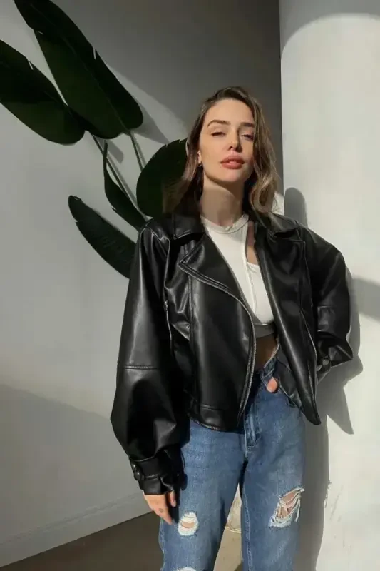 Women's Black Oversize Leather Jacket - Black - 1