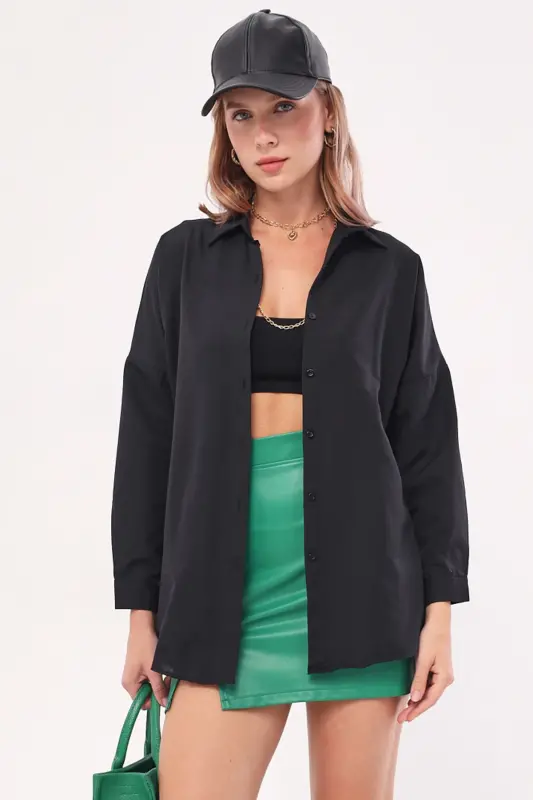 Women's Black Oversize Long Basic Shirt ARM-22Y001118 - 4