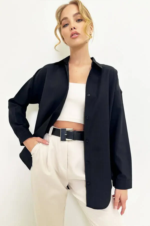 Women's Black Oversize Long Woven Shirt ALC-X6828 - 1