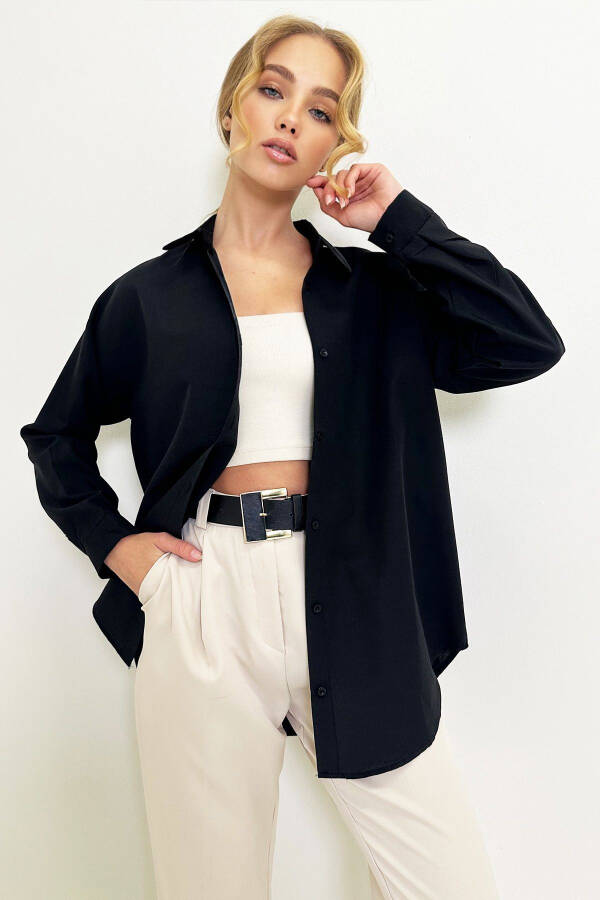 Women's Black Oversize Long Woven Shirt ALC-X6828 - 2