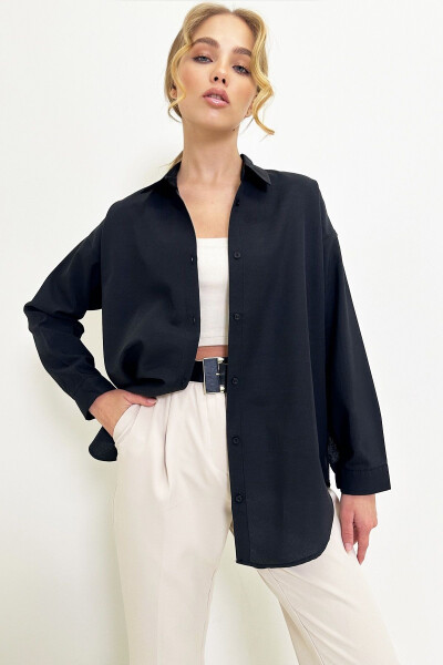 Women's Black Oversize Long Woven Shirt ALC-X6828 - 3