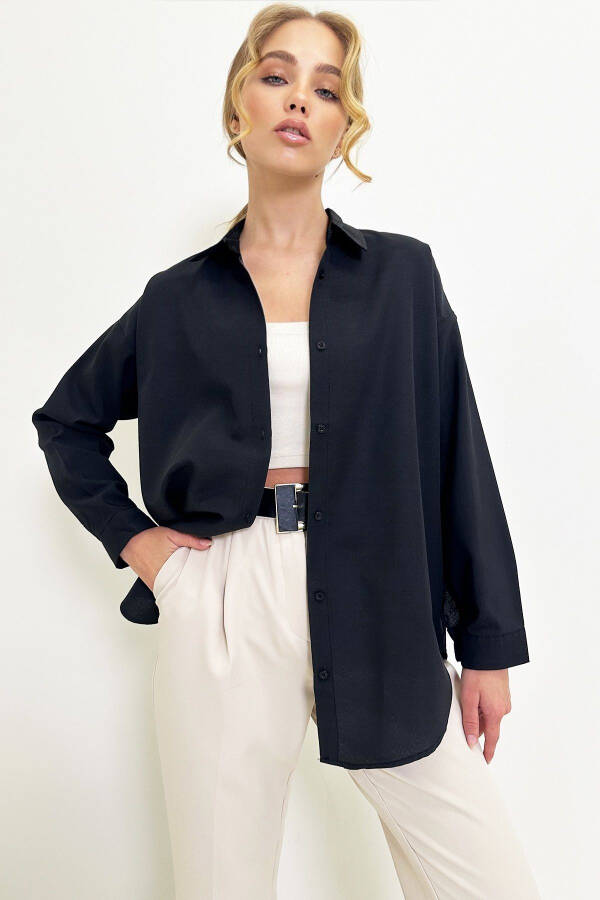 Women's Black Oversize Long Woven Shirt ALC-X6828 - 3