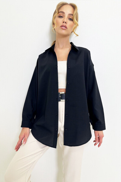 Women's Black Oversize Long Woven Shirt ALC-X6828 - 4