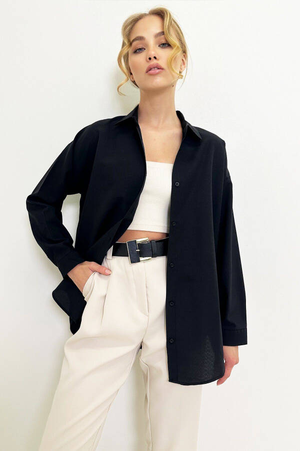 Women's Black Oversize Long Woven Shirt ALC-X6828 - 5