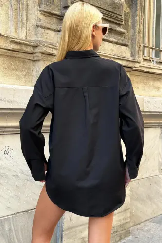 Women's Black Oversize Long Woven Shirt ALC-X6828 - 7