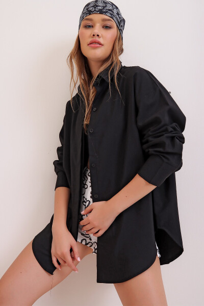 Women's Black Oversize Long Woven Shirt ALC-X6828 - 14