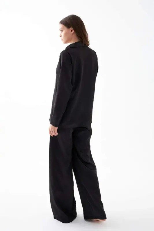 Women's Black Oversize Satin Pajama Set - 5
