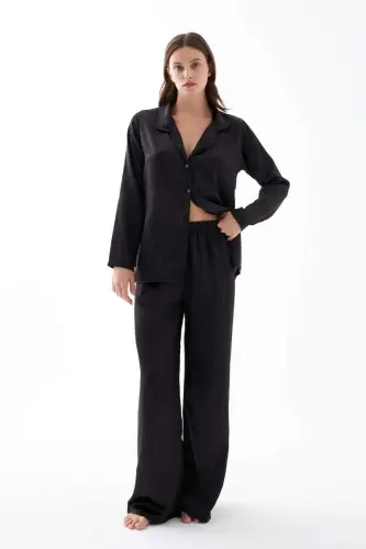 Women's Black Oversize Satin Pajama Set - BÜYÜKBEDENIZ (1)