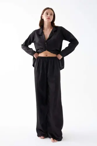 Women's Black Oversize Satin Pajama Set - 3