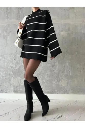 Women's Black Oversize Striped Turtleneck Knit Sweater, Striped Sweater-blackstriped - DIER MODA (1)